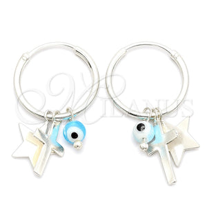 Sterling Silver Small Hoop, Evil Eye and Cross Design, with Aqua Blue Crystal, Polished, Silver Finish, 02.402.0002.15