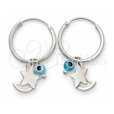 Sterling Silver Small Hoop, Evil Eye and Moon Design, with Aqua Blue Crystal, Polished, Silver Finish, 02.402.0005.15