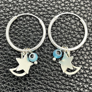 Sterling Silver Hoop Earrings — Small Hoop Evil Eye and Moon Design with — main product view — SKU 149436 | Plata 925 aretes de aro — Small Hoop Evil Eye and Moon diseño with — SKU 149436