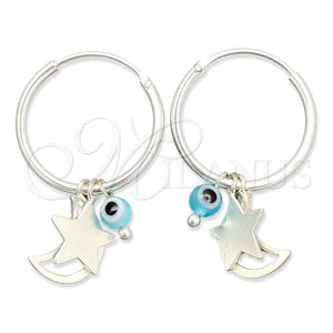 Sterling Silver Small Hoop, Evil Eye and Moon Design, with Aqua Blue Crystal, Polished, Silver Finish, 02.402.0005.15