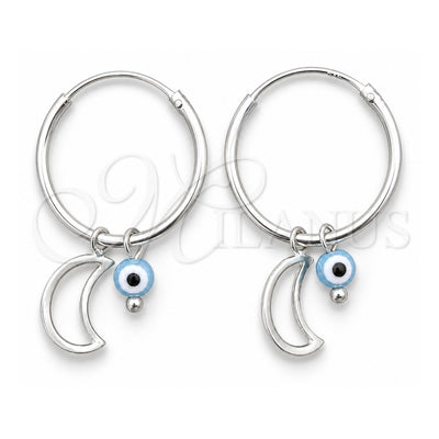 Sterling Silver Small Hoop, Evil Eye and Moon Design, with Aqua Blue Crystal, Polished, Silver Finish, 02.402.0006.15