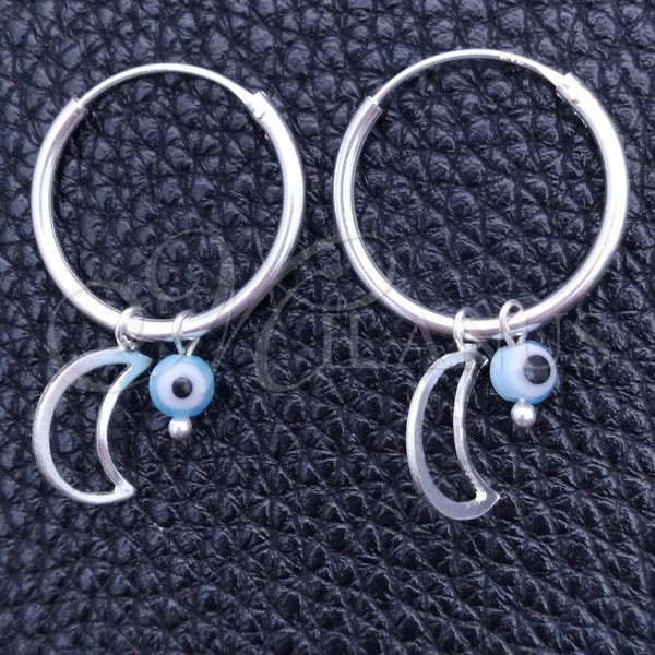 Sterling Silver Hoop Earrings — Small Hoop Evil Eye and Moon Design with — main product view — SKU 149437 | Plata 925 aretes de aro — Small Hoop Evil Eye and Moon diseño with — SKU 149437