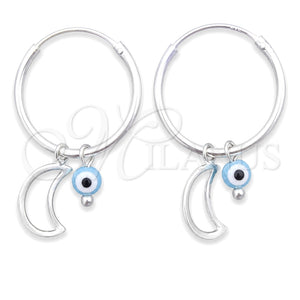 Sterling Silver Small Hoop, Evil Eye and Moon Design, with Aqua Blue Crystal, Polished, Silver Finish, 02.402.0006.15