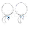 Sterling Silver Small Hoop, Evil Eye and Moon Design, with Aqua Blue Crystal, Polished, Silver Finish, 02.402.0006.15