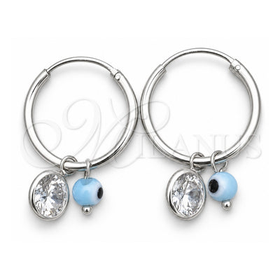 Sterling Silver Small Hoop, Evil Eye Design, with Aqua Blue Crystal and White Cubic Zirconia, Polished, Silver Finish, 02.402.0007.15