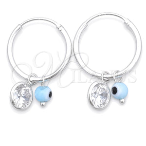 Sterling Silver Small Hoop, Evil Eye Design, with Aqua Blue Crystal and White Cubic Zirconia, Polished, Silver Finish, 02.402.0007.15