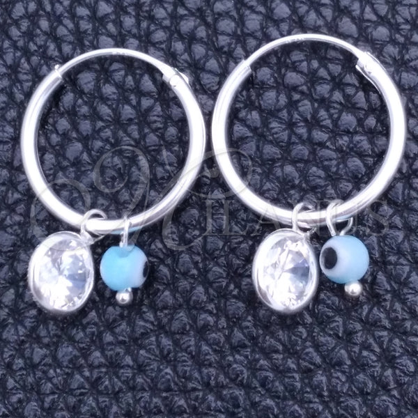 Sterling Silver Hoop Earrings — Small Hoop Evil Eye Design with Aqua Blue — main product view — SKU 149438 | Plata 925 aretes de aro — Small Hoop Evil Eye diseño with Aqua Blue — SKU 149438