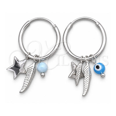 Sterling Silver Small Hoop, Evil Eye and Star Design, with Aqua Blue Crystal, Polished, Silver Finish, 02.402.0008.15