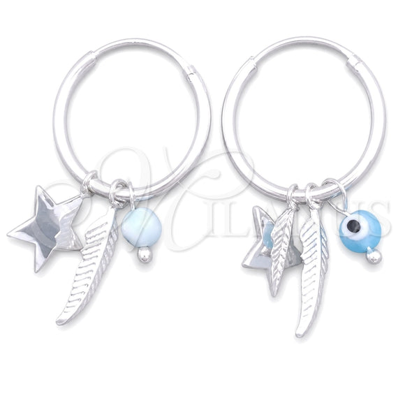 Sterling Silver Small Hoop, Evil Eye and Star Design, with Aqua Blue Crystal, Polished, Silver Finish, 02.402.0008.15