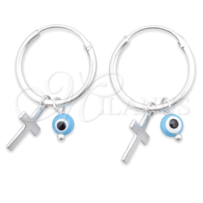 Sterling Silver Small Hoop, Evil Eye and Cross Design, with Aqua Blue Crystal, Polished, Silver Finish, 02.402.0009.15
