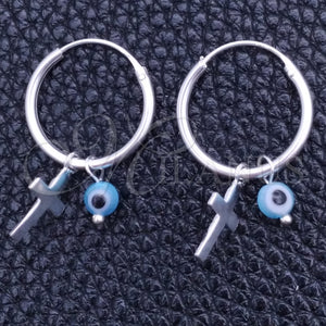 Sterling Silver Hoop Earrings — Small Hoop Evil Eye and Cross Design with — main product view — SKU 149440 | Plata 925 aretes de aro — Small Hoop Evil Eye and cruz diseño with — SKU 149440