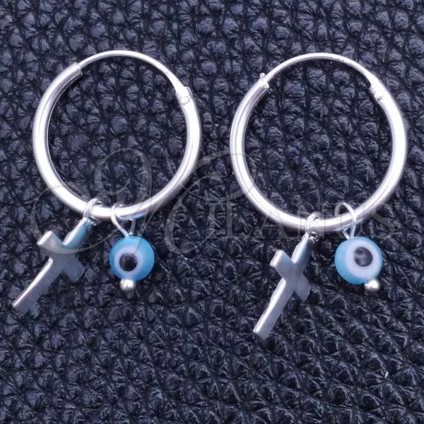 Sterling Silver Hoop Earrings — Small Hoop Evil Eye and Cross Design with — main product view — SKU 149440 | Plata 925 aretes de aro — Small Hoop Evil Eye and cruz diseño with — SKU 149440