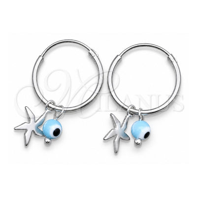 Sterling Silver Small Hoop, Evil Eye and Flower Design, with Aqua Blue Crystal, Polished, Silver Finish, 02.402.0010.15
