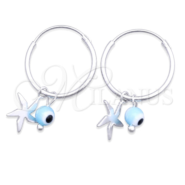 Sterling Silver Small Hoop, Evil Eye and Flower Design, with Aqua Blue Crystal, Polished, Silver Finish, 02.402.0010.15