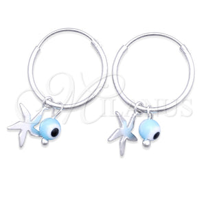 Sterling Silver Small Hoop, Evil Eye and Flower Design, with Aqua Blue Crystal, Polished, Silver Finish, 02.402.0010.15