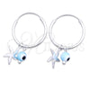 Sterling Silver Small Hoop, Evil Eye and Flower Design, with Aqua Blue Crystal, Polished, Silver Finish, 02.402.0010.15