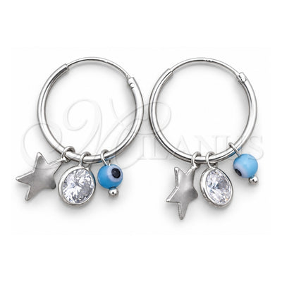 Sterling Silver Small Hoop, Evil Eye and Star Design, with Aqua Blue Crystal and White Cubic Zirconia, Polished, Silver Finish, 02.402.0011.15
