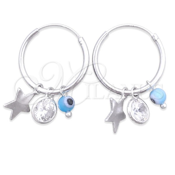 Sterling Silver Small Hoop, Evil Eye and Star Design, with Aqua Blue Crystal and White Cubic Zirconia, Polished, Silver Finish, 02.402.0011.15