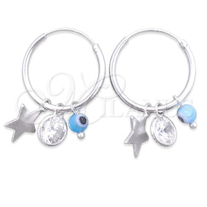 Sterling Silver Small Hoop, Evil Eye and Star Design, with Aqua Blue Crystal and White Cubic Zirconia, Polished, Silver Finish, 02.402.0011.15