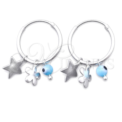 Sterling Silver Small Hoop, Evil Eye and Flower Design, with Aqua Blue Crystal, Polished, Silver Finish, 02.402.0011.15