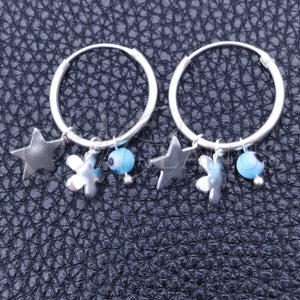 Sterling Silver Hoop Earrings — Small Hoop Evil Eye and Flower Design with — main product view — SKU 149443 | Plata 925 aretes de aro — Small Hoop Evil Eye and flor diseño with — SKU 149443