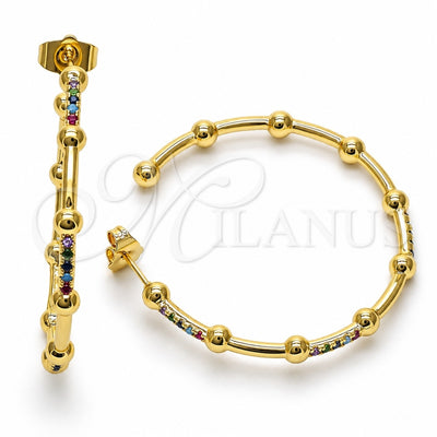 Oro Laminado Stud Earring, Gold Filled Style with Multicolor Micro Pave, Polished, Golden Finish, 02.210.0744.1