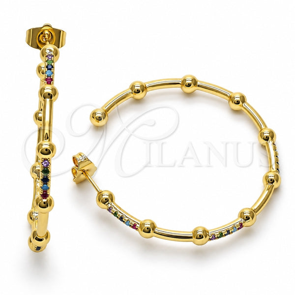 Oro Laminado Stud Earring, Gold Filled Style with Multicolor Micro Pave, Polished, Golden Finish, 02.210.0744.1