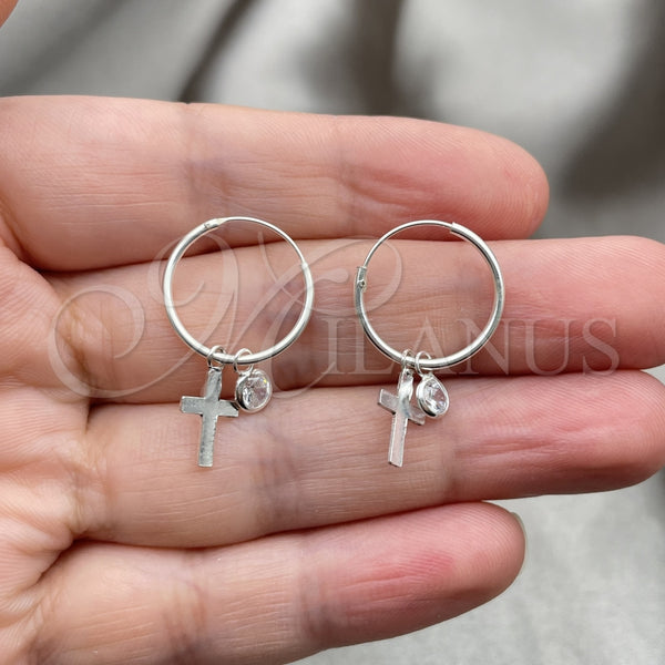 Sterling Silver Hoop Earrings — Small Hoop Cross Design with White Cubic Zirconia — alternate product view — SKU 149450 | Plata 925 aretes de aro — Small Hoop cruz diseño with blanco Cubic Zirconia — SKU 149450
