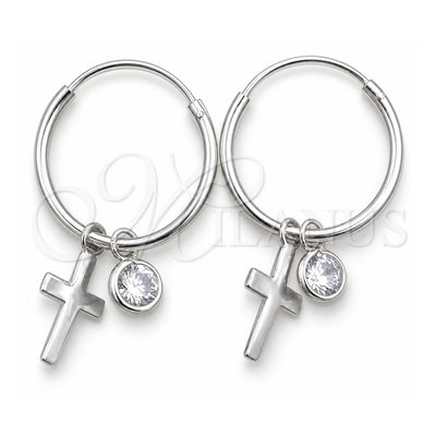 Sterling Silver Small Hoop, Cross Design, with White Cubic Zirconia, Polished, Silver Finish, 02.402.0012.15