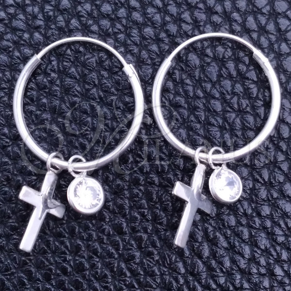 Sterling Silver Hoop Earrings — Small Hoop Cross Design with White Cubic Zirconia — main product view — SKU 149450 | Plata 925 aretes de aro — Small Hoop cruz diseño with blanco Cubic Zirconia — SKU 149450