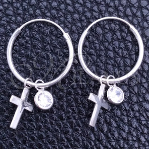 Sterling Silver Hoop Earrings — Small Hoop Cross Design with White Cubic Zirconia — main product view — SKU 149450 | Plata 925 aretes de aro — Small Hoop cruz diseño with blanco Cubic Zirconia — SKU 149450