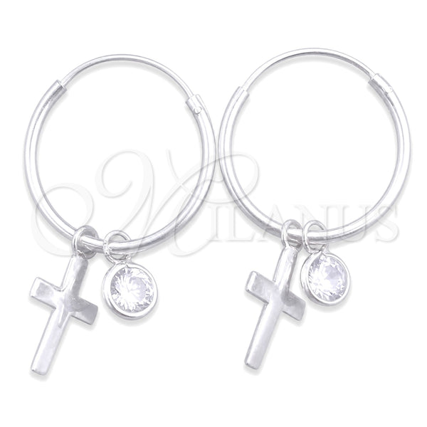 Sterling Silver Small Hoop, Cross Design, with White Cubic Zirconia, Polished, Silver Finish, 02.402.0012.15