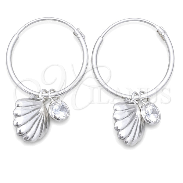 Sterling Silver Small Hoop, Shell Design, with White Cubic Zirconia, Polished, Silver Finish, 02.402.0016.15