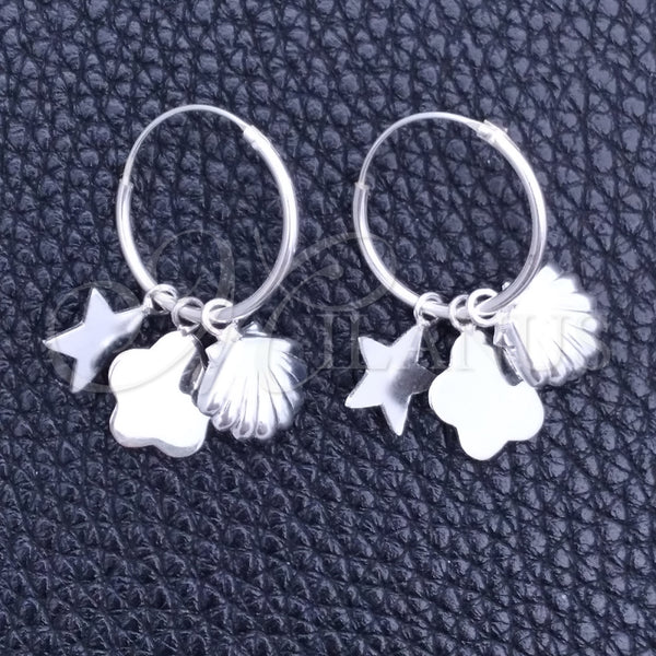 Sterling Silver Hoop Earrings — Small Hoop Shell and Star Design Polished 02. — main product view — SKU 149461 | Plata 925 aretes de aro — Small Hoop Shell and estrella diseño pulido 02. — SKU 149461