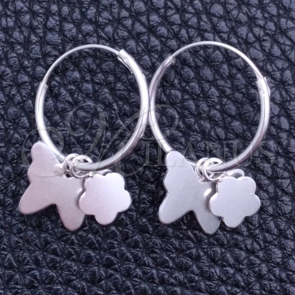 Sterling Silver Hoop Earrings — Small Hoop Flower and Butterfly Design Polished 02. — main product view — SKU 149463 | Plata 925 aretes de aro — Small Hoop flor and Butterfly diseño pulido 02. — SKU 149463