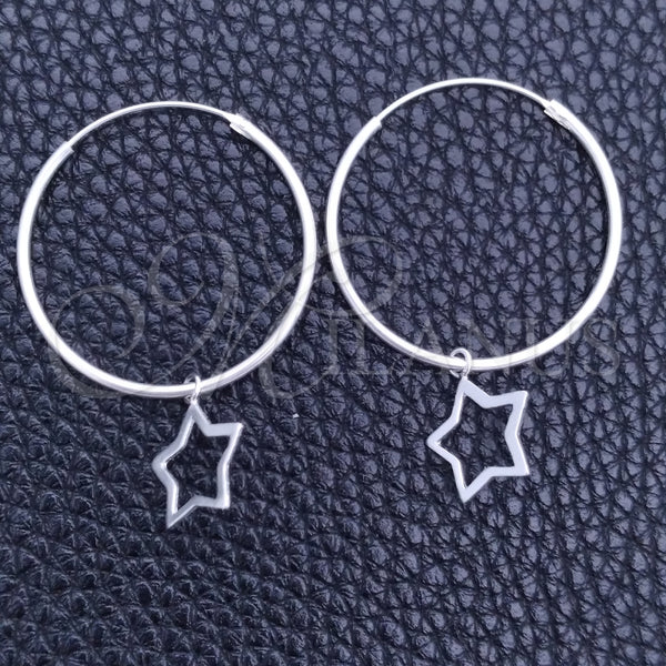 Sterling Silver Hoop Earrings — Small Hoop Star Design Polished 02. — main product view — SKU 149465 | Plata 925 aretes de aro — Small Hoop estrella diseño pulido 02. — SKU 149465