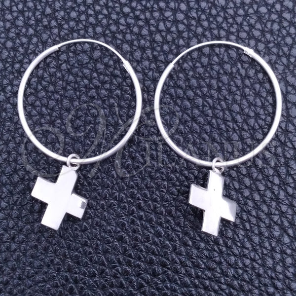 Sterling Silver Hoop Earrings — Small Hoop Cross Design Polished 02. — main product view — SKU 149466 | Plata 925 aretes de aro — Small Hoop cruz diseño pulido 02. — SKU 149466