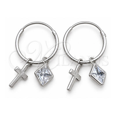 Sterling Silver Small Hoop, Cross Design, with White Cubic Zirconia, Polished, Silver Finish, 02.402.0029.15