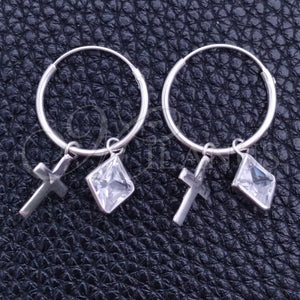Sterling Silver Hoop Earrings — Small Hoop Cross Design with White Cubic Zirconia — main product view — SKU 149467 | Plata 925 aretes de aro — Small Hoop cruz diseño with blanco Cubic Zirconia — SKU 149467