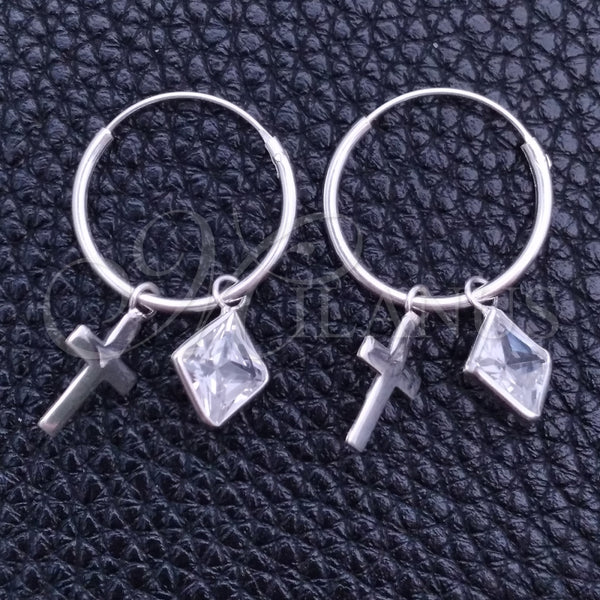 Sterling Silver Hoop Earrings — Small Hoop Cross Design with White Cubic Zirconia — main product view — SKU 149467 | Plata 925 aretes de aro — Small Hoop cruz diseño with blanco Cubic Zirconia — SKU 149467