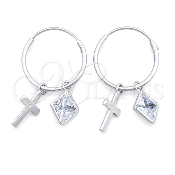 Sterling Silver Small Hoop, Cross Design, with White Cubic Zirconia, Polished, Silver Finish, 02.402.0029.15