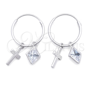 Sterling Silver Small Hoop, Cross Design, with White Cubic Zirconia, Polished, Silver Finish, 02.402.0029.15