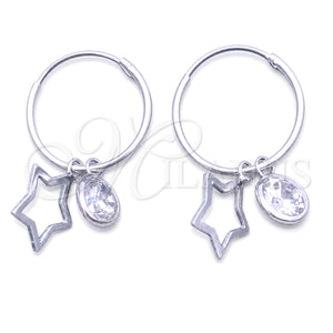 Sterling Silver Small Hoop, Star Design, with White Cubic Zirconia, Polished, Silver Finish, 02.402.0030.15