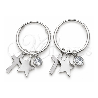 Sterling Silver Small Hoop, Star and Cross Design, with White Cubic Zirconia, Polished, Silver Finish, 02.402.0031.15