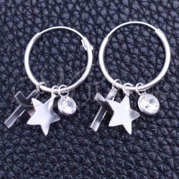 Sterling Silver Hoop Earrings — Small Hoop Star and Cross Design with White — main product view — SKU 149469 | Plata 925 aretes de aro — Small Hoop estrella and cruz diseño with blanco — SKU 149469