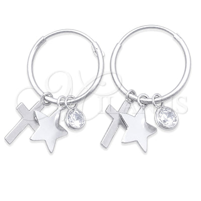 Sterling Silver Small Hoop, Star and Cross Design, with White Cubic Zirconia, Polished, Silver Finish for wholesale, main product view