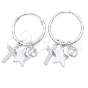 Sterling Silver Small Hoop, Star and Cross Design, with White Cubic Zirconia, Polished, Silver Finish, 02.402.0031.15