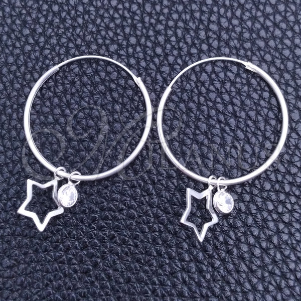 Sterling Silver Hoop Earrings — Small Hoop Star Design with White Cubic Zirconia — main product view — SKU 149470 | Plata 925 aretes de aro — Small Hoop estrella diseño with blanco Cubic Zirconia — SKU 149470