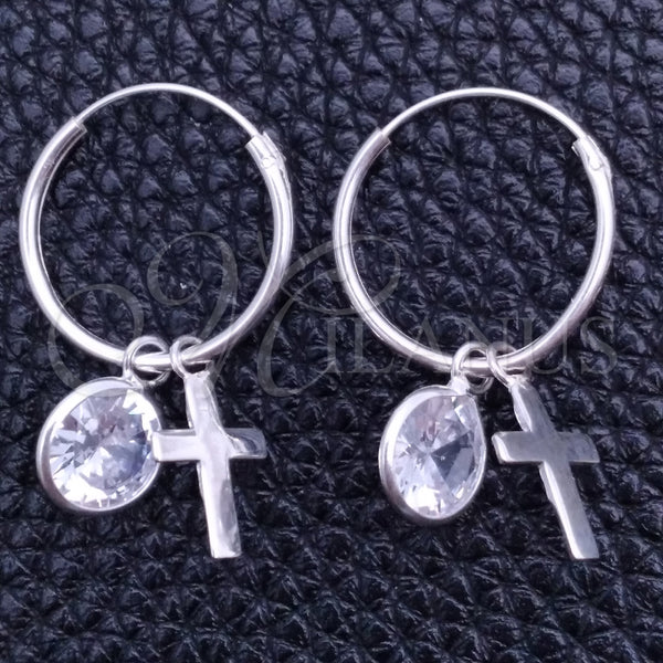 Sterling Silver Hoop Earrings — Small Hoop Cross Design with White Cubic Zirconia — main product view — SKU 149471 | Plata 925 aretes de aro — Small Hoop cruz diseño with blanco Cubic Zirconia — SKU 149471