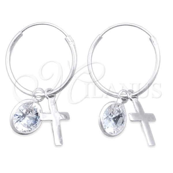Sterling Silver Small Hoop, Cross Design, with White Cubic Zirconia, Polished, Silver Finish, 02.402.0033.15